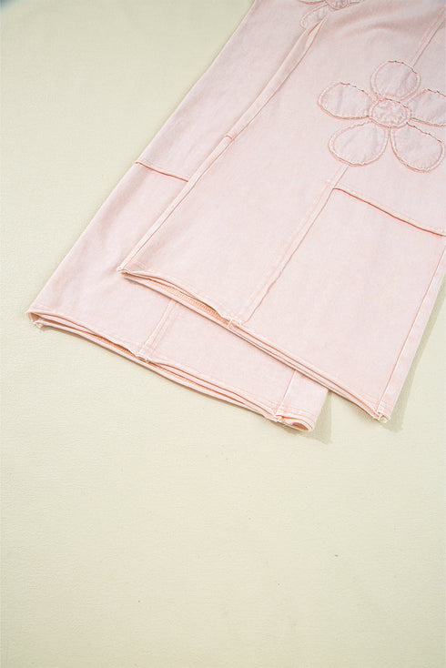 Mineral Wash Flower Applique Drawstring Cropped Wide Leg Pants